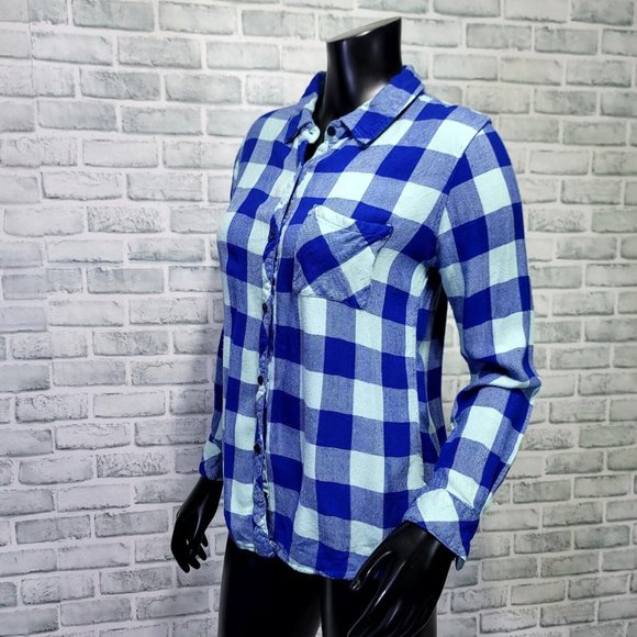 Rails Womens M Hunter Blue Mint Plaid Button Front Lightweight Flannel Top - Picture 2 of 6